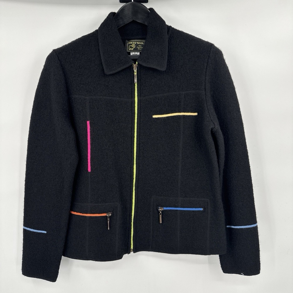 South Wool Pure Jacket Black Coat Multicolor Geometric Cardigan Women‎ Sz Small